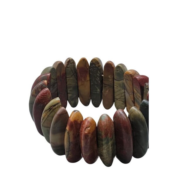 Natural Jasper Stretch Bracelet Multicolor Half Moon Wedges Green Red Orange 8" - Picture 10 of 15